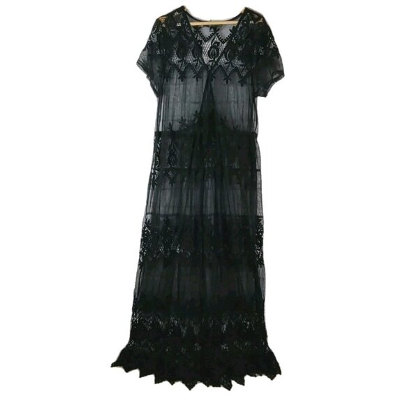 Colleen Lopez Sheer Lace Robe Coverup Lingerie 1X Black Femme Fatale Fairy Goth - Picture 1 of 9